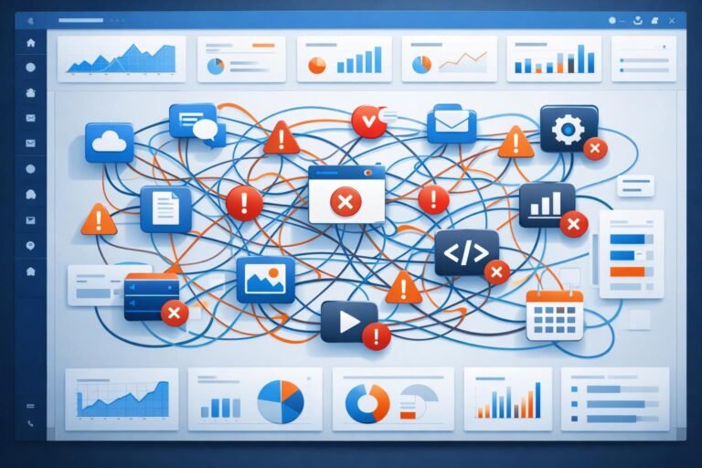 Disorganized SaaS tools workflow with multiple dashboards and warning indicators showing beginner mistakes