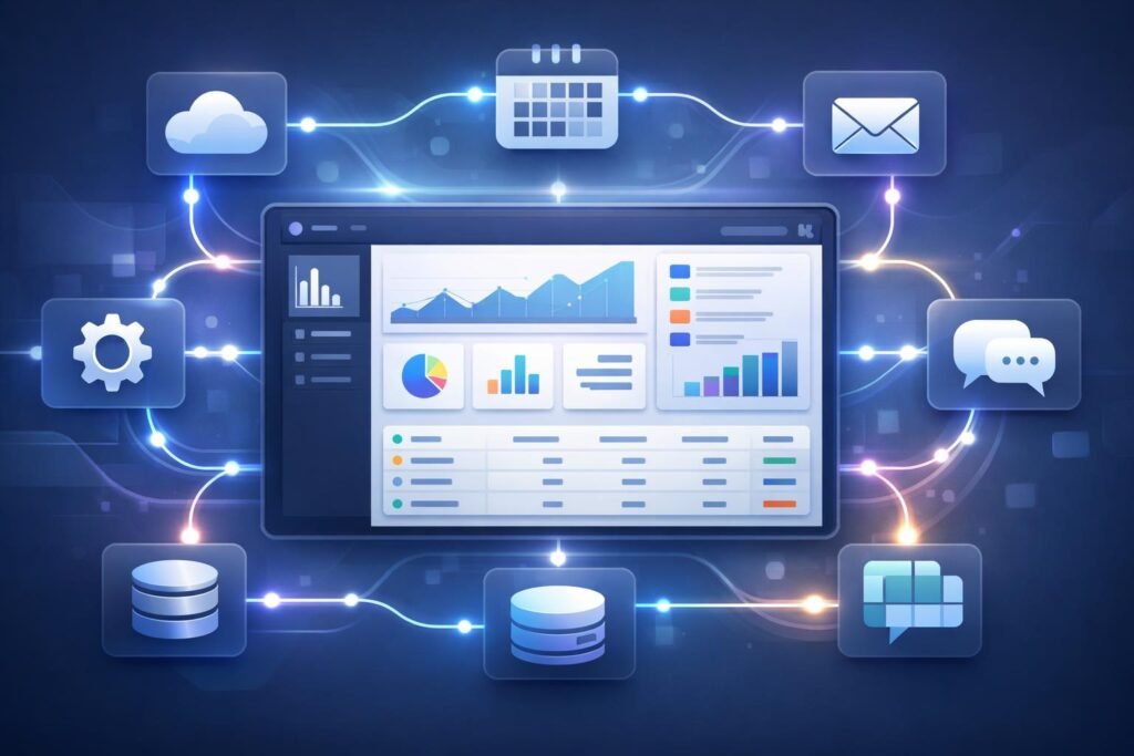 Organized SaaS tools workflow with connected systems and automation flow