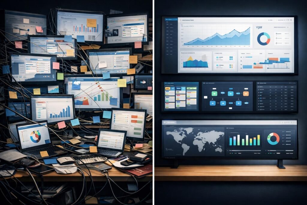 Comparison between disorganized and optimized SaaS tool workflows for beginners