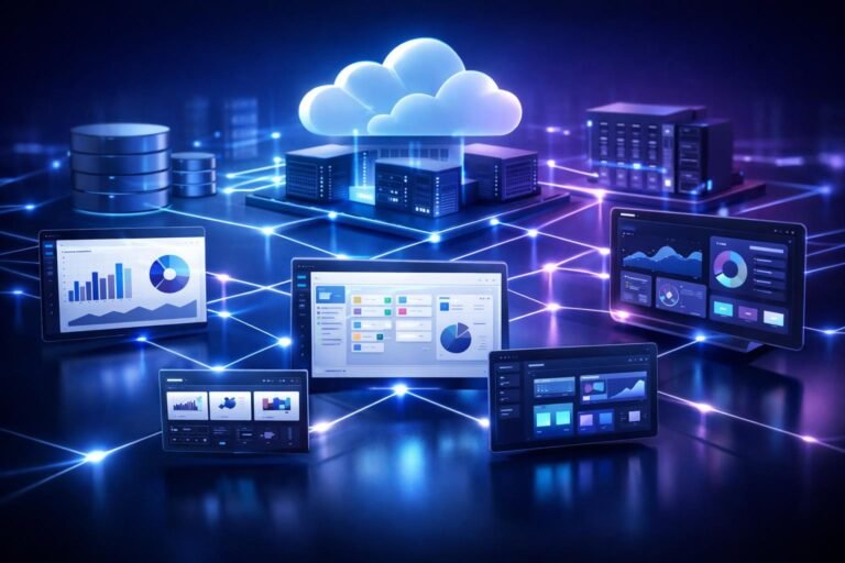 Interconnected SaaS tools forming a scalable digital business system with cloud-based workflow