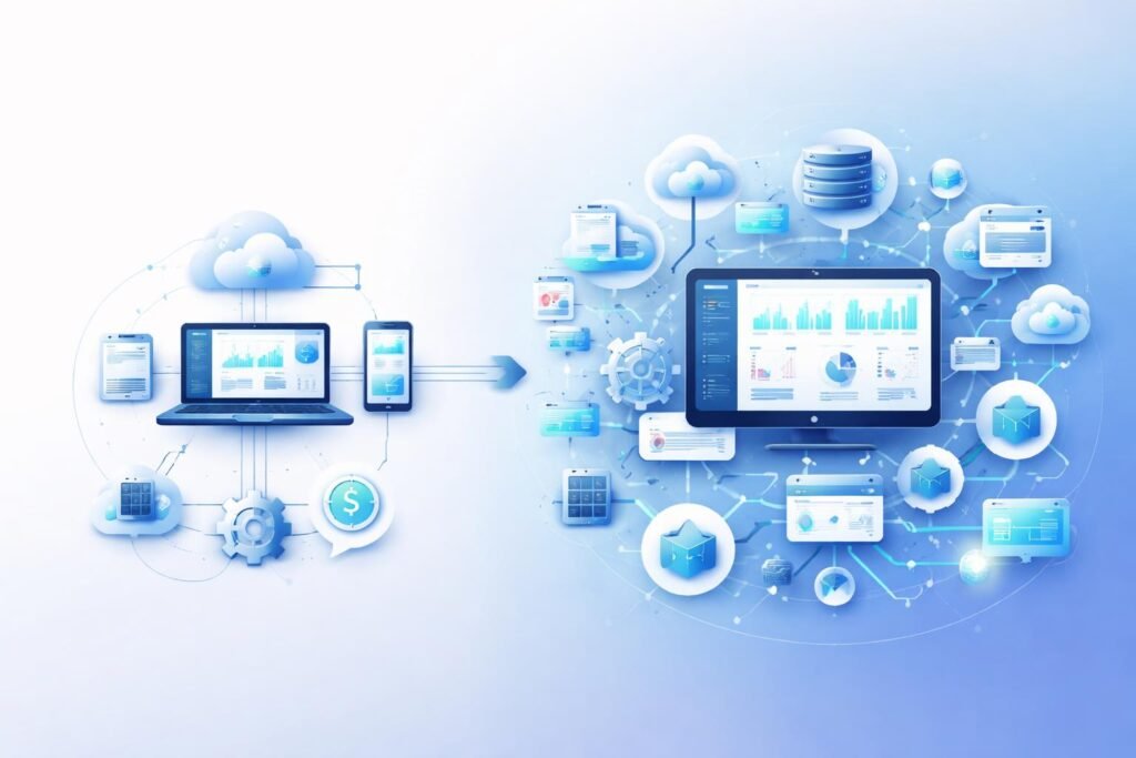 Evolution from basic SaaS tools to advanced scalable business system with connected workflows