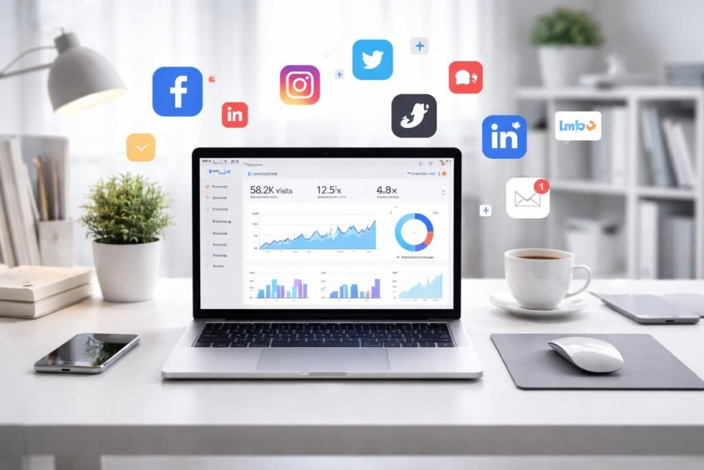 Visual representation of digital marketing channels including SEO, email marketing, social media, and content strategy