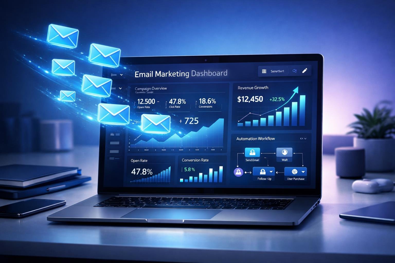 Email marketing software dashboard showing campaign analytics on laptop screen