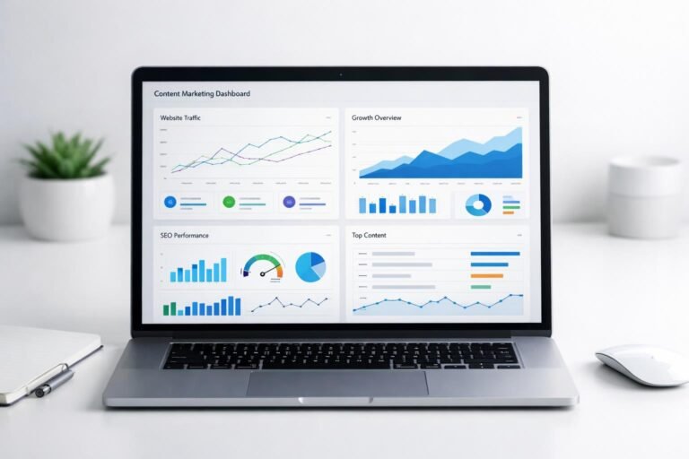 Laptop displaying content marketing analytics dashboard with traffic growth charts and SEO performance metrics