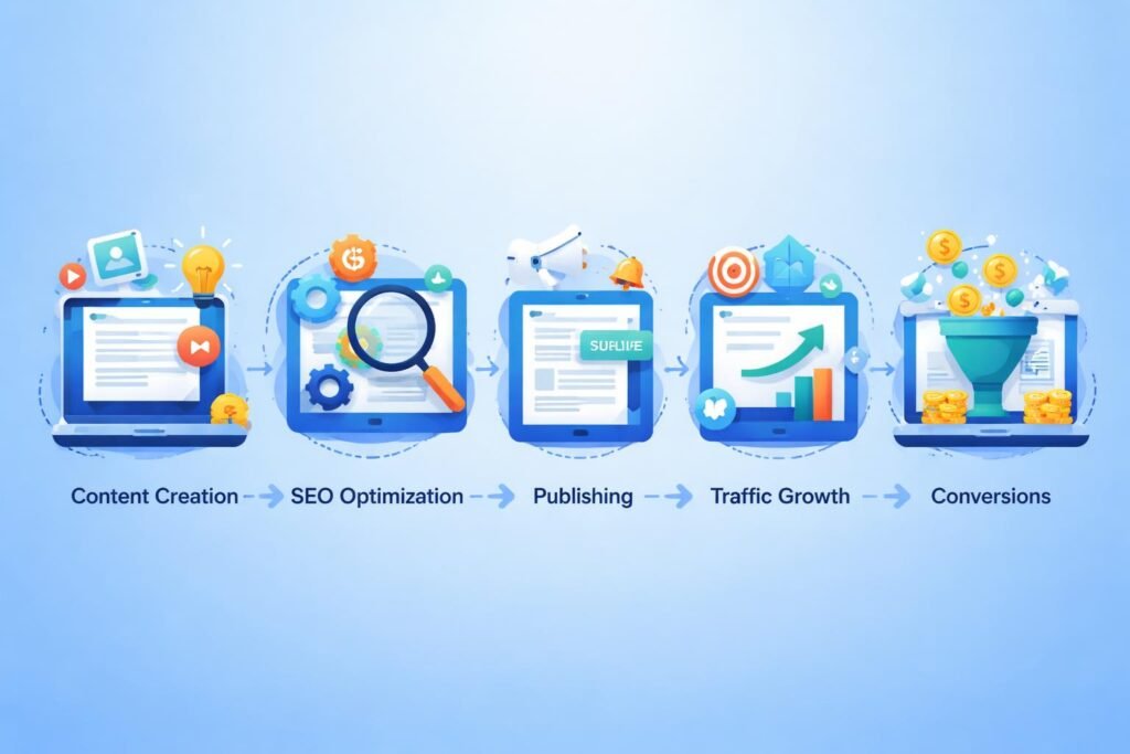 Content marketing workflow showing content creation SEO publishing and conversion process