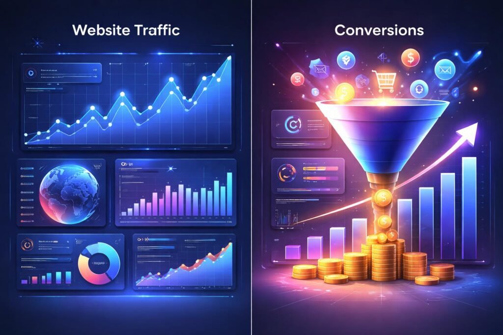 Comparison between website traffic analytics and conversion funnel in content marketing strategy