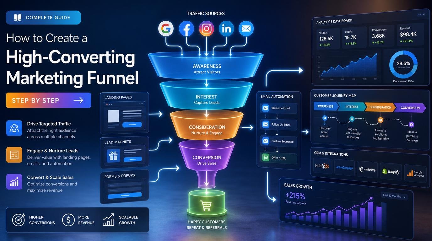 High-converting marketing funnel digital illustration with SaaS dashboards and conversion workflow automation