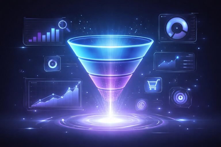 Digital marketing funnel showing awareness consideration and conversion stages with analytics and data flow