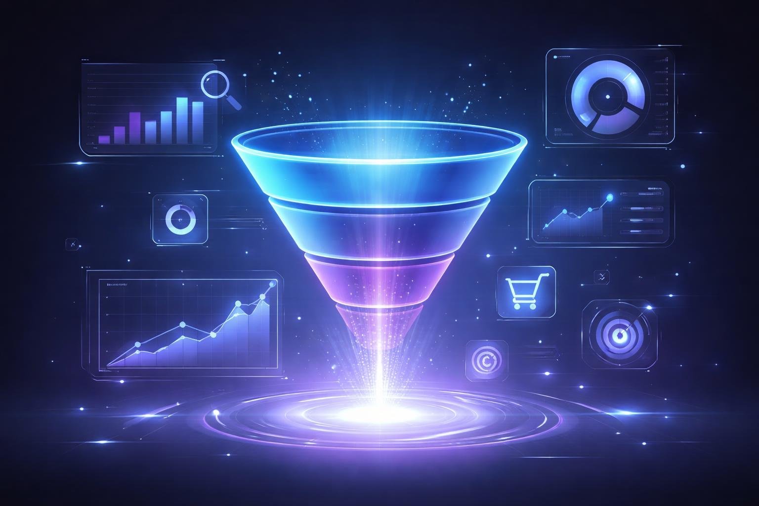 Digital marketing funnel showing awareness consideration and conversion stages with analytics and data flow
