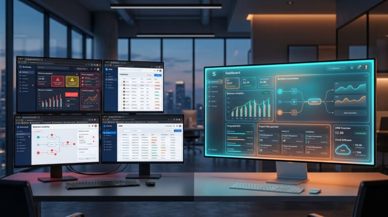Common SaaS beginner mistakes illustration with modern dashboards and workflow automation systems