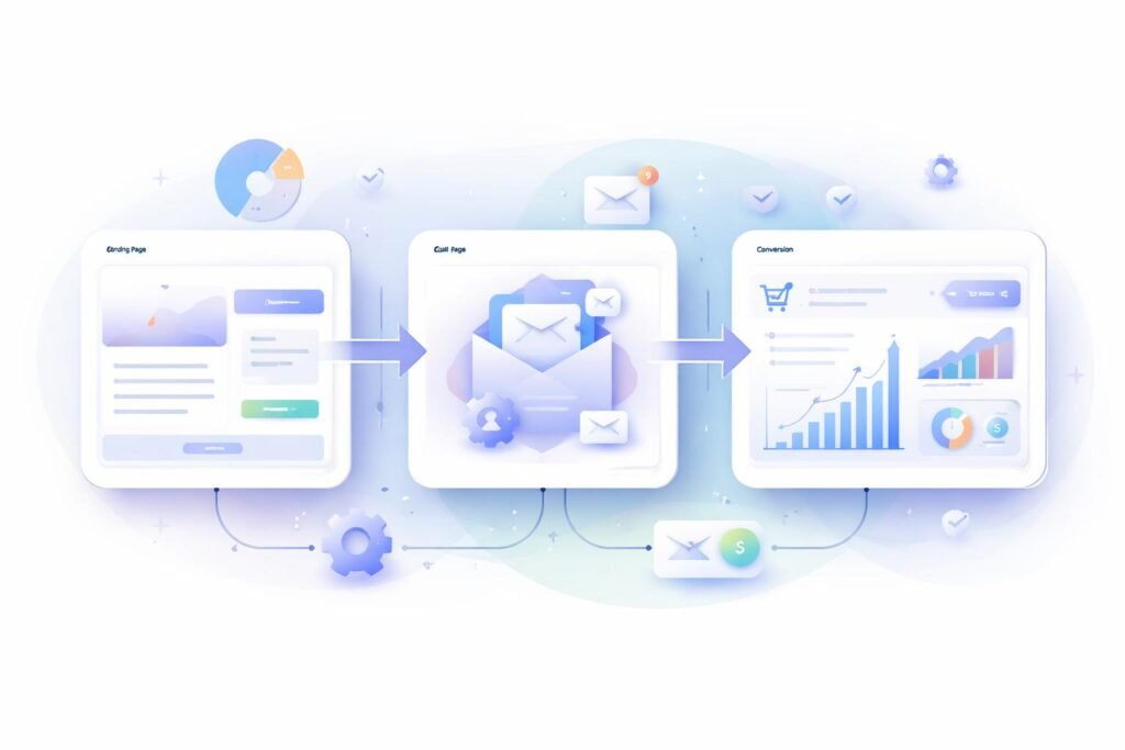 Marketing funnel workflow showing landing page email sequence and conversion process