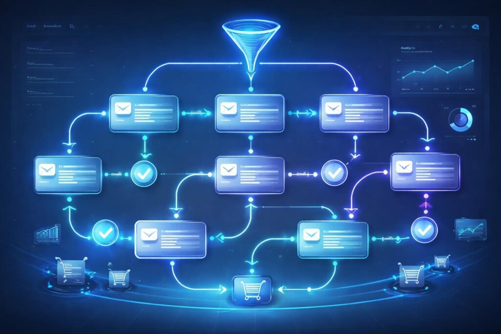Email marketing automation flow showing user journey and conversion tracking in a marketing funnel