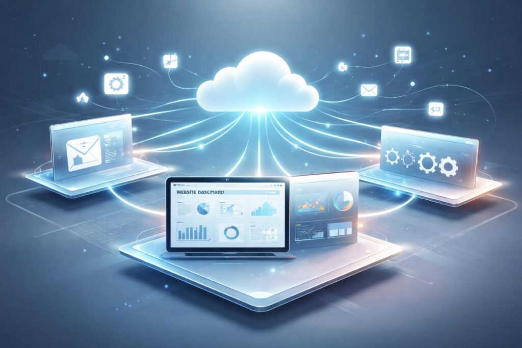 Connected SaaS tools showing workflow between website, email marketing, analytics, and automation systems