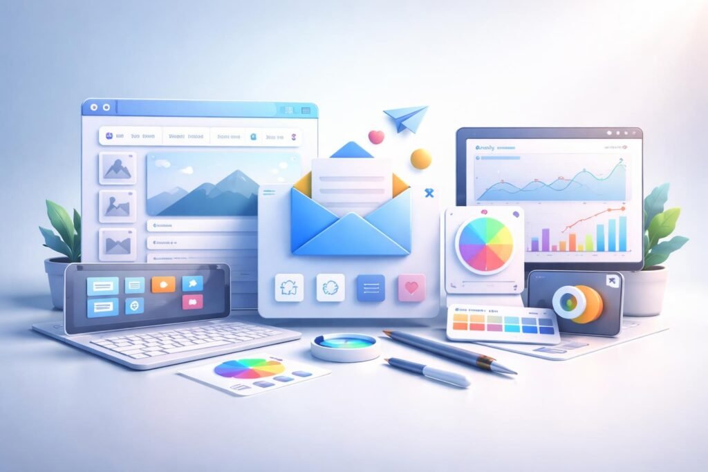 Visual layout of essential SaaS tools for starting an online business including website, email, and analytics tools