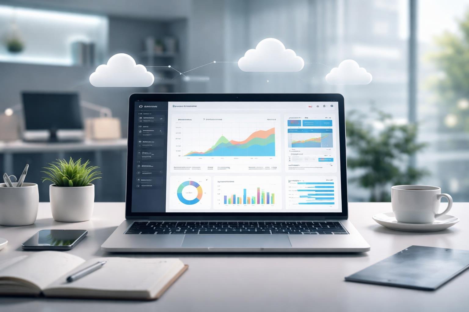 Laptop showing SaaS tools dashboard with analytics, website builder, and cloud-based business systems