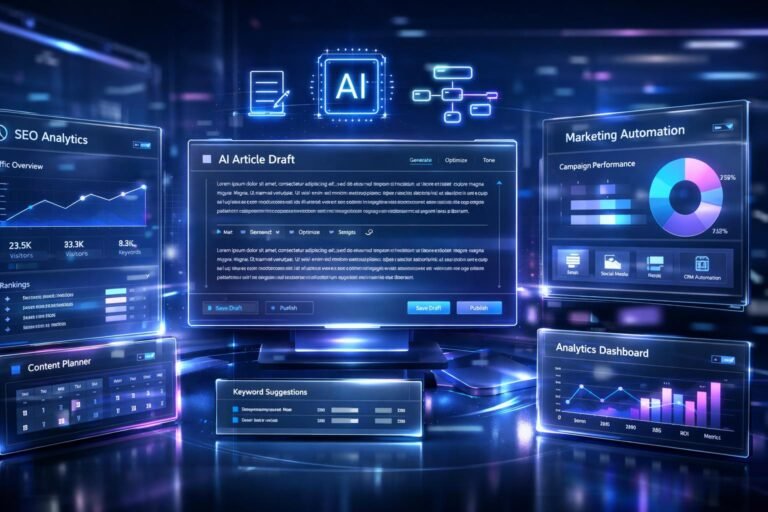 Jasper AI review 2026 featured image showing futuristic AI writing and SaaS marketing workspace