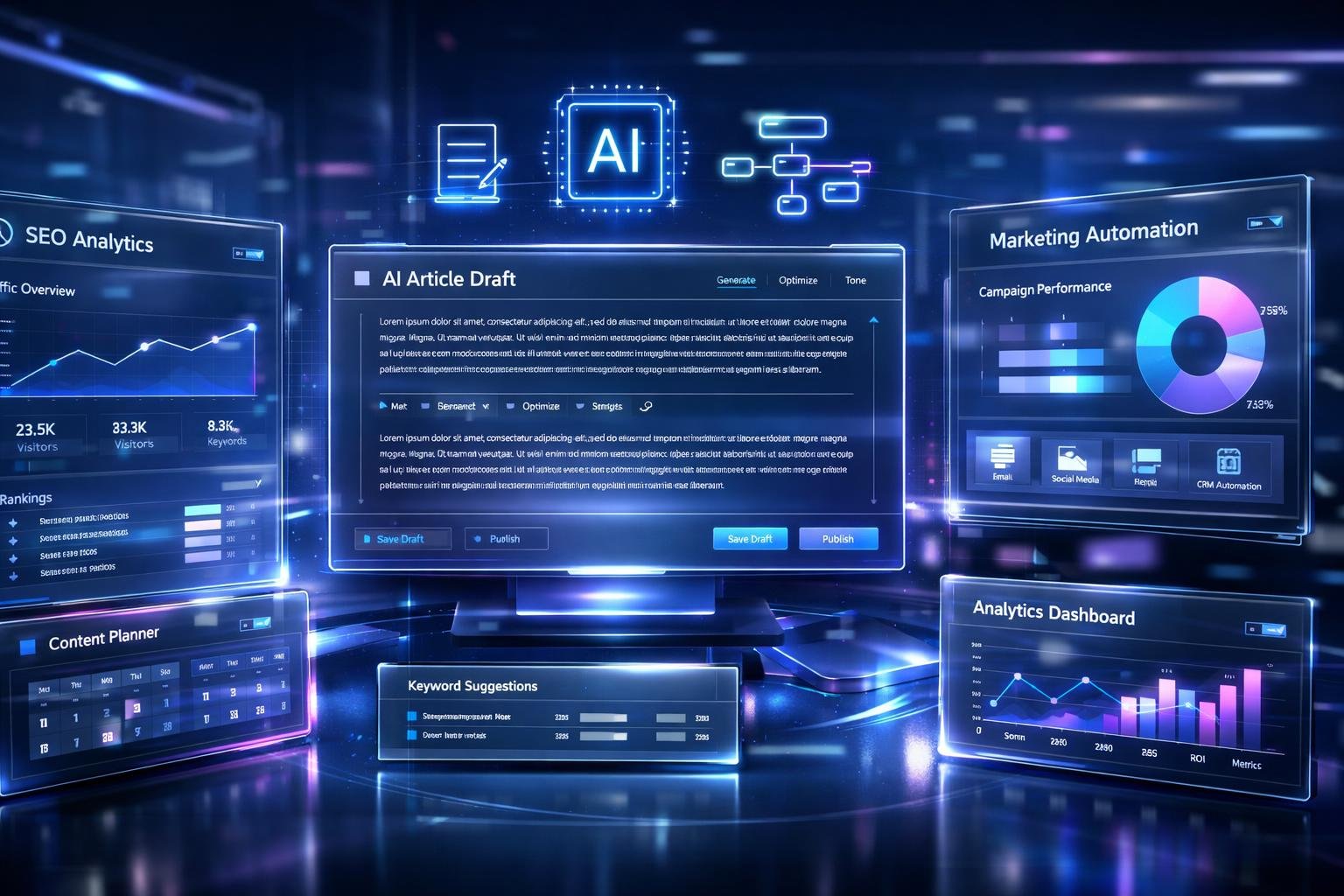 Jasper AI review 2026 featured image showing futuristic AI writing and SaaS marketing workspace