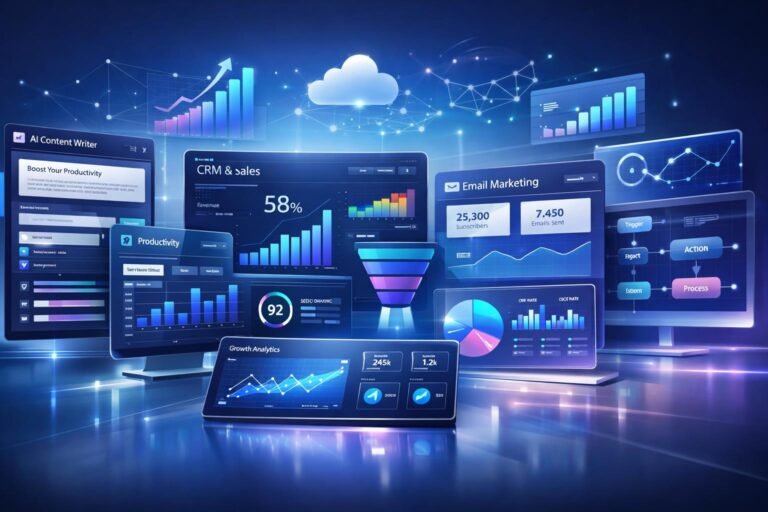 Best SaaS tools for online business 2026 futuristic software dashboard