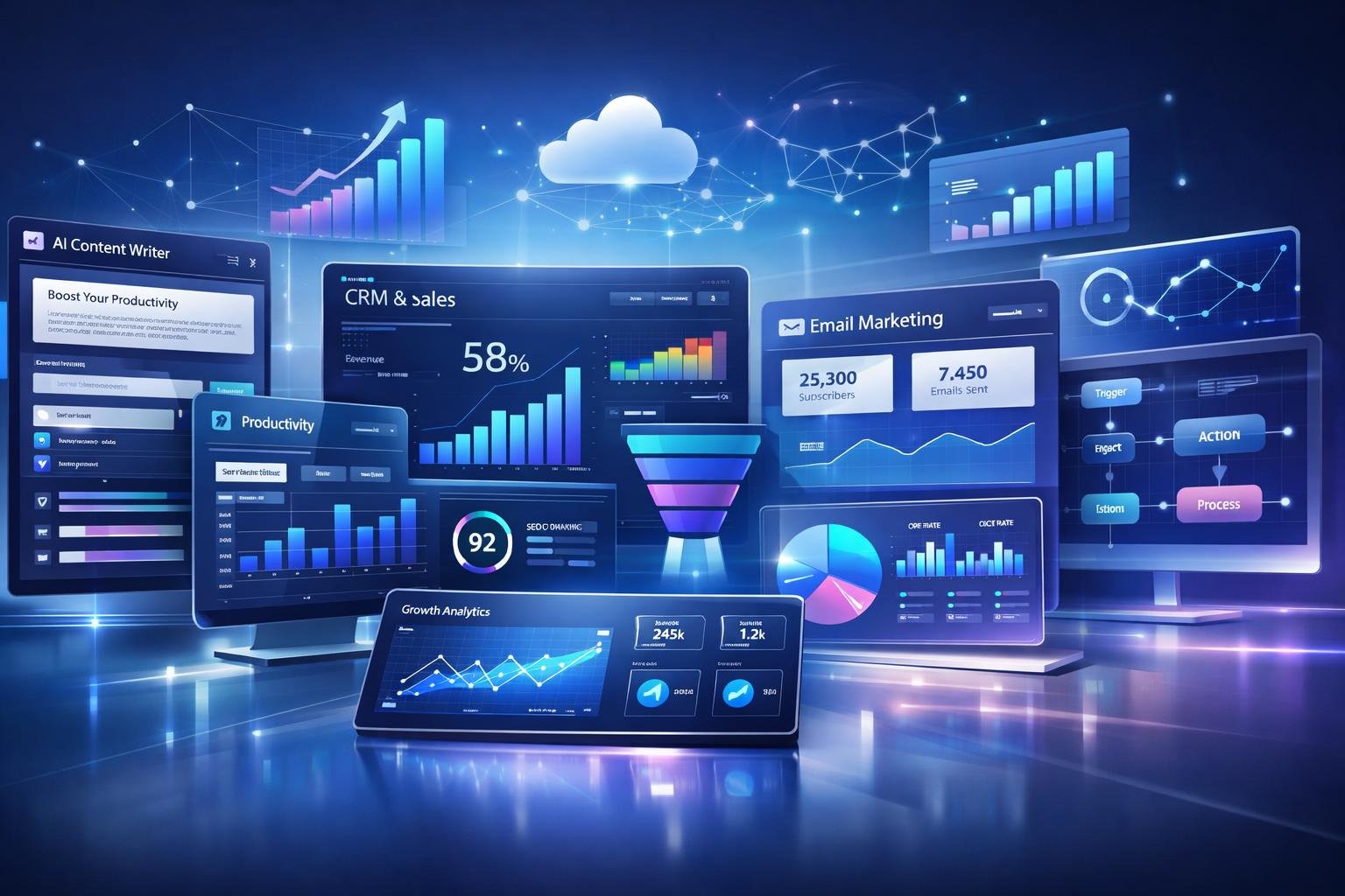 Best SaaS tools for online business 2026 futuristic software dashboard