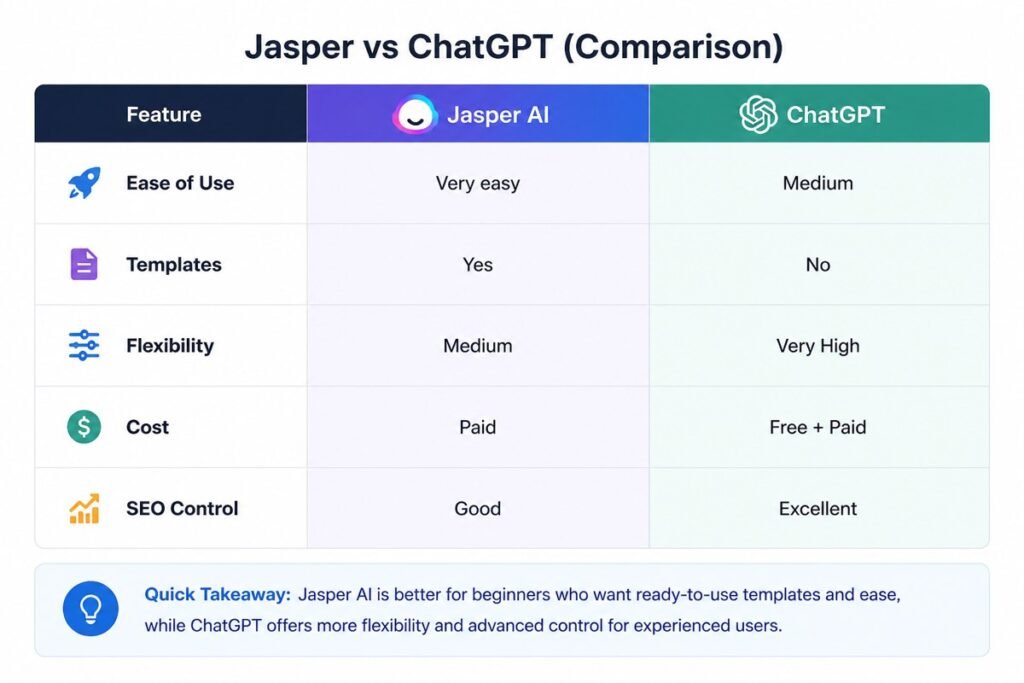 Jasper AI vs ChatGPT comparison table for content creators and marketers in 2026